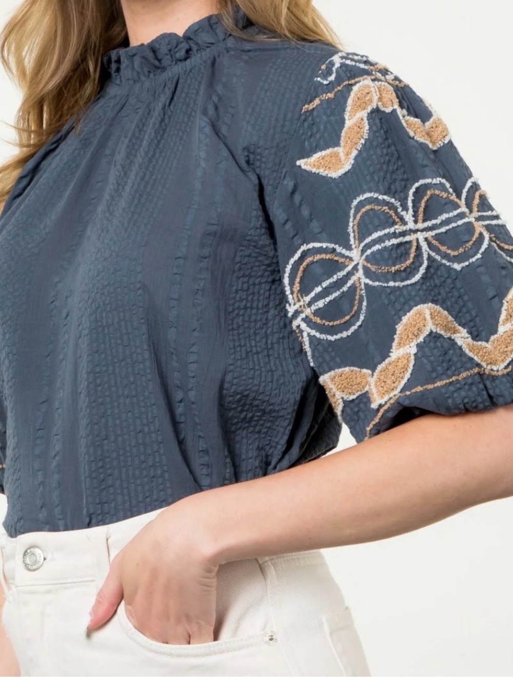 THML Hand Embroidered Puff Sleeve Mock Neck Blouse Sz Lg